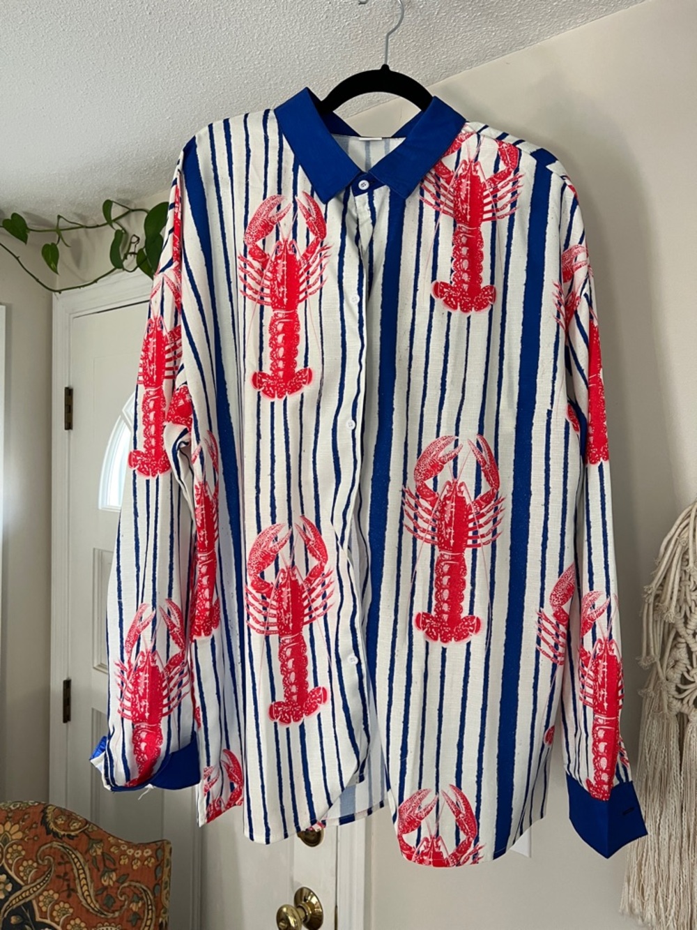 Women matching set shirt and shorts White with Blue Stripes & Red Lobster Print